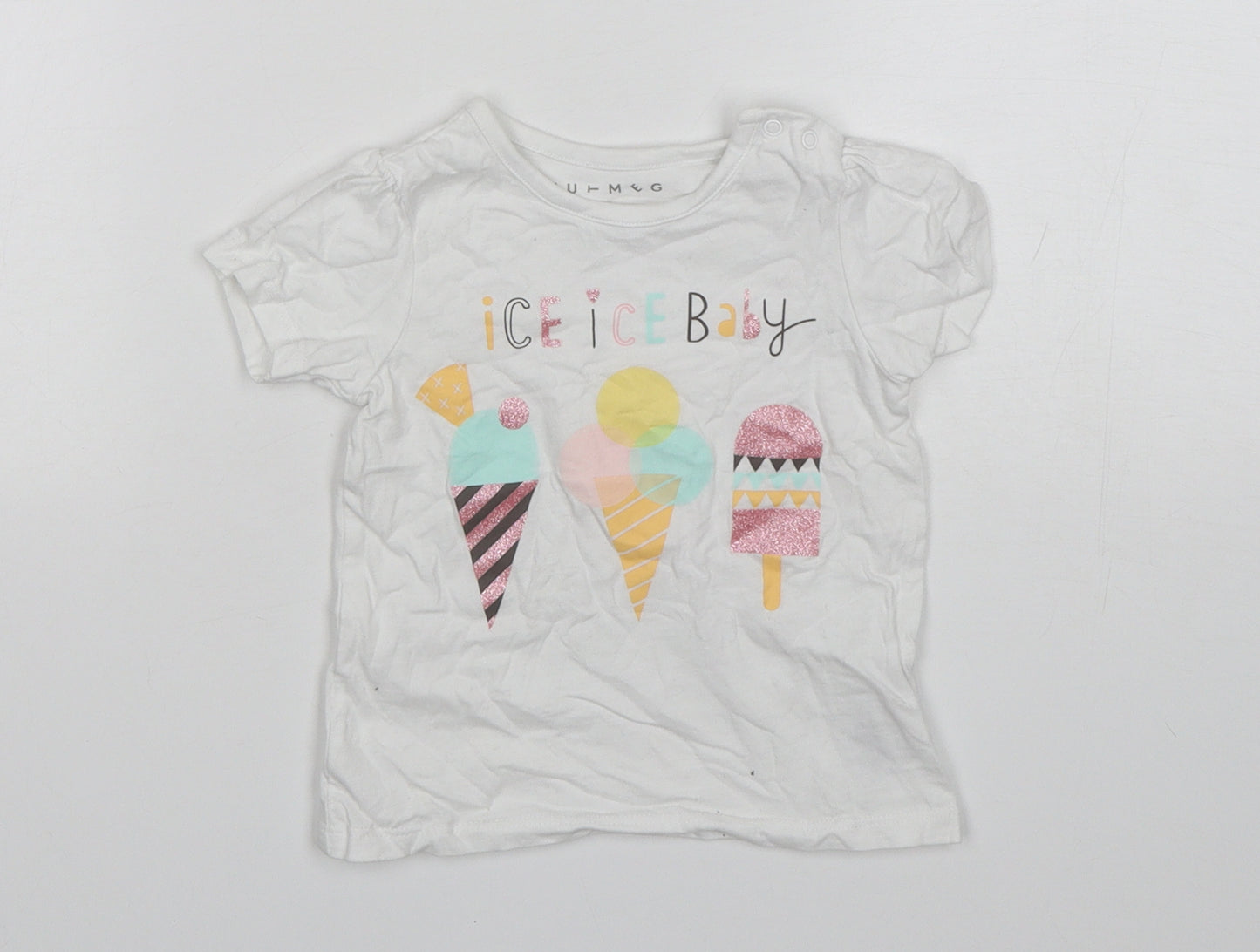 Nutmeg Girls White  Cotton Basic T-Shirt Size 9-12 Months Round Neck