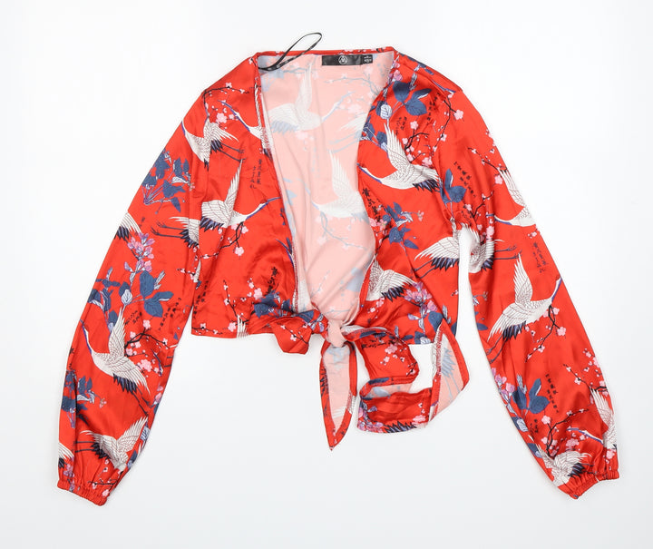 Missguided Womens Red Floral Polyester Cropped Blouse Size 6 V-Neck