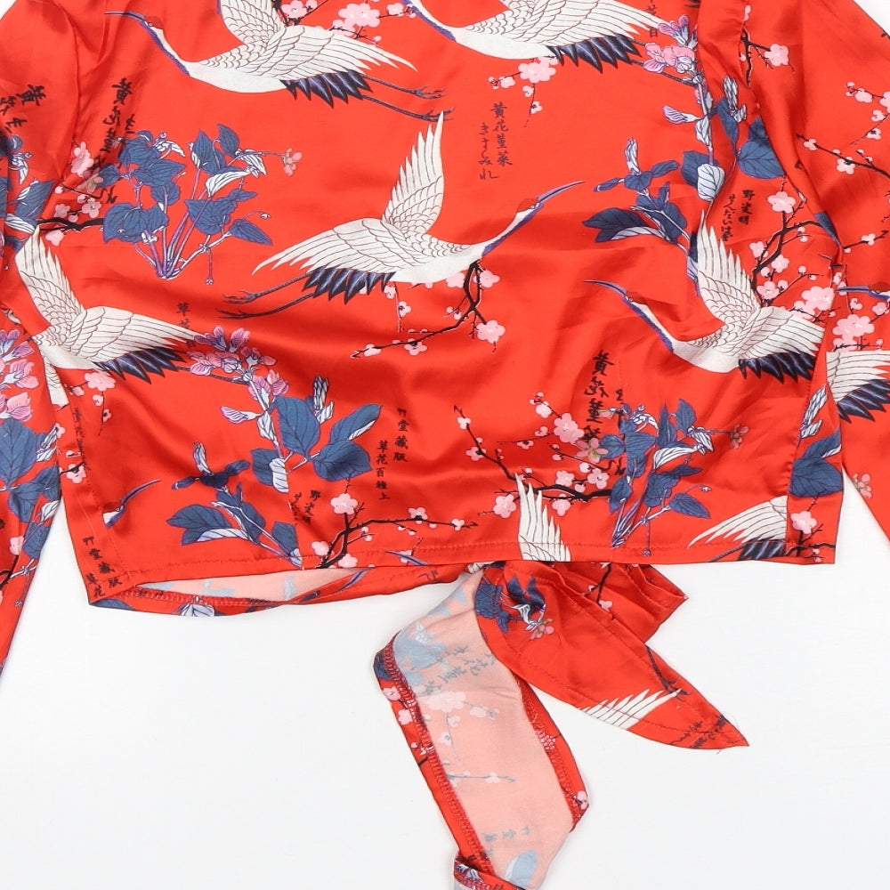 Missguided Womens Red Floral Polyester Cropped Blouse Size 6 V-Neck