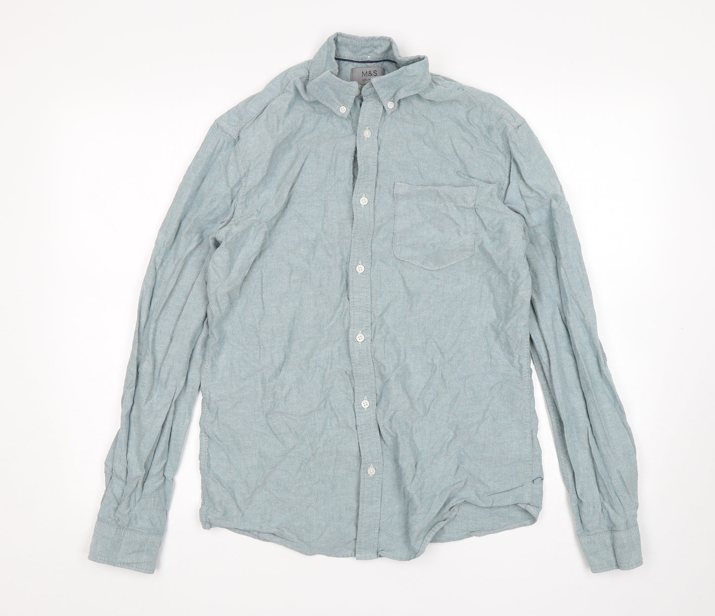 M&S Mens Green  Cotton  Button-Up Size S Collared