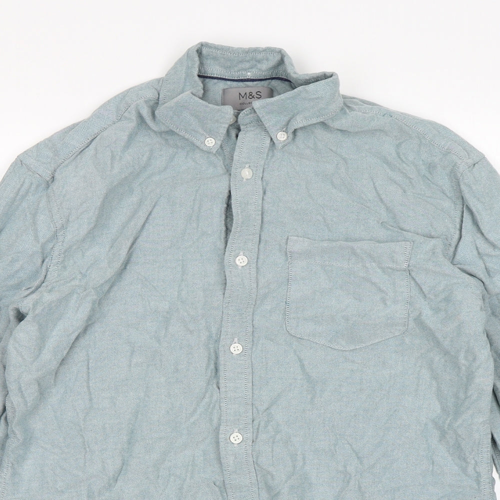 M&S Mens Green  Cotton  Button-Up Size S Collared