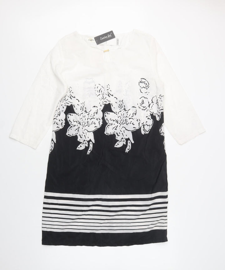 Eunice Lai Womens White Floral Polyester Shift Size L Round Neck Zip