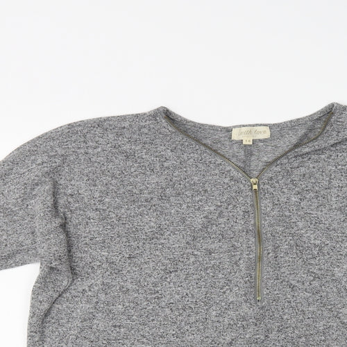 With Love  Womens Grey V-Neck  Viscose Henley Jumper Size 14
