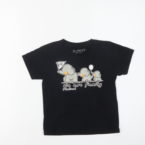Ink's Kids Girls Black  Cotton Basic T-Shirt Size 3 Years Crew Neck  - Elephant