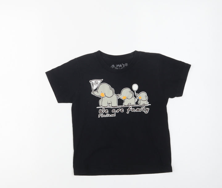 Ink's Kids Girls Black  Cotton Basic T-Shirt Size 3 Years Crew Neck  - Elephant