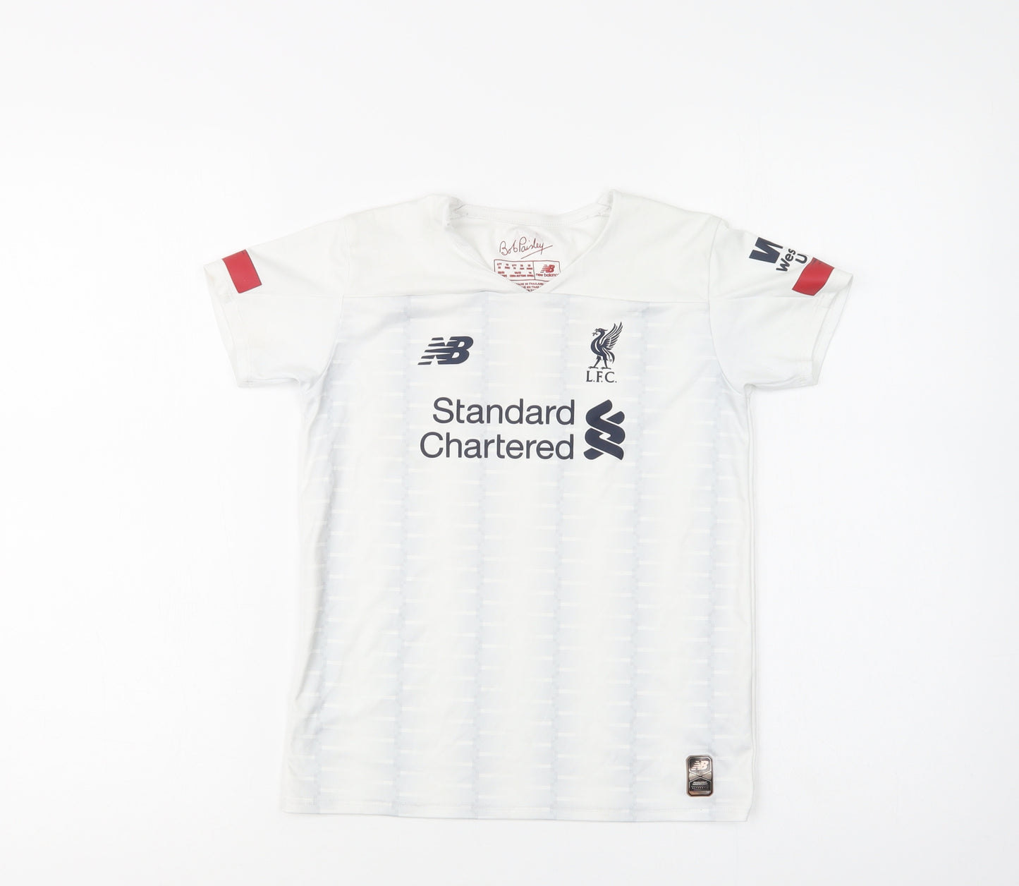 New Balance Boys White Geometric Polyester Jersey T-Shirt Size 6-7 Years V-Neck  - Liverpool FC