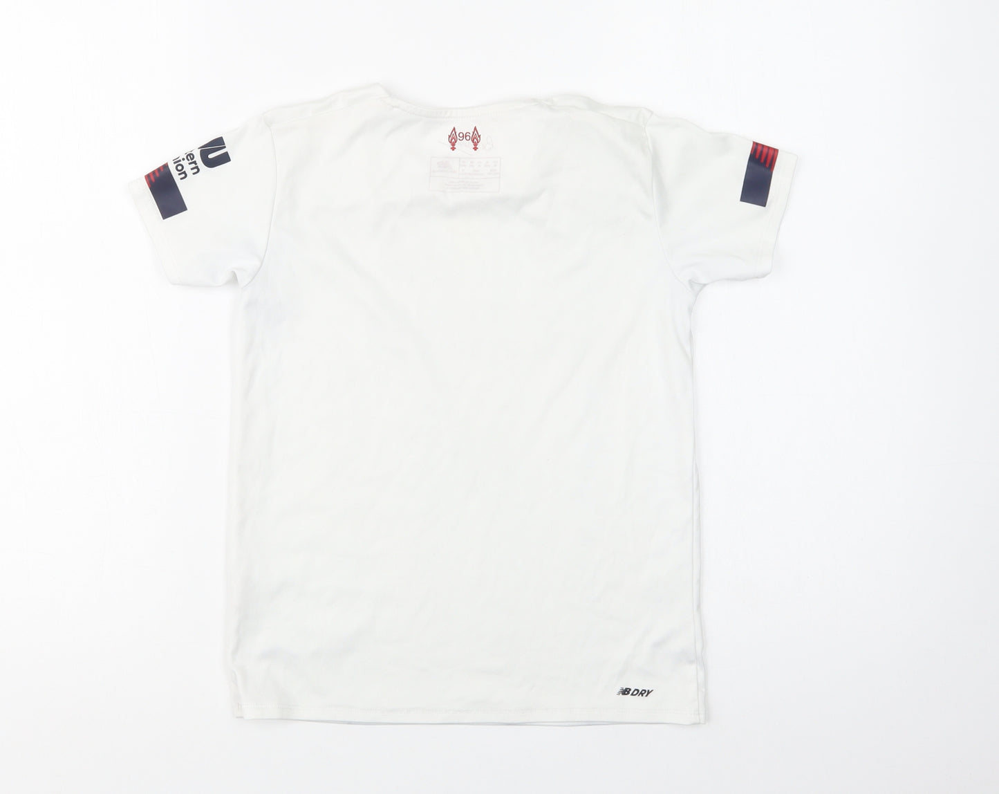 New Balance Boys White Geometric Polyester Jersey T-Shirt Size 6-7 Years V-Neck  - Liverpool FC