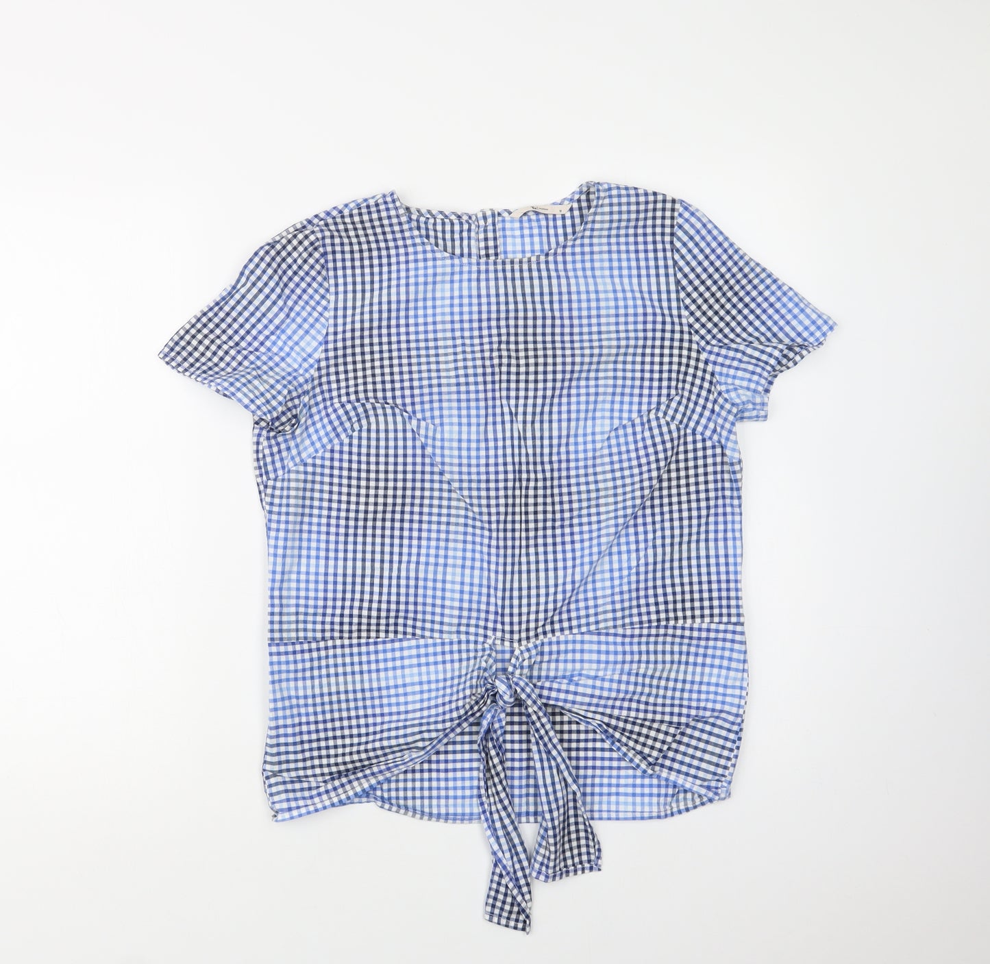 TU Womens Blue Check Cotton Basic Blouse Size 10 Crew Neck