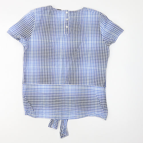 TU Womens Blue Check Cotton Basic Blouse Size 10 Crew Neck