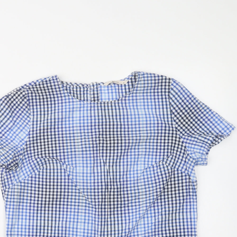 TU Womens Blue Check Cotton Basic Blouse Size 10 Crew Neck