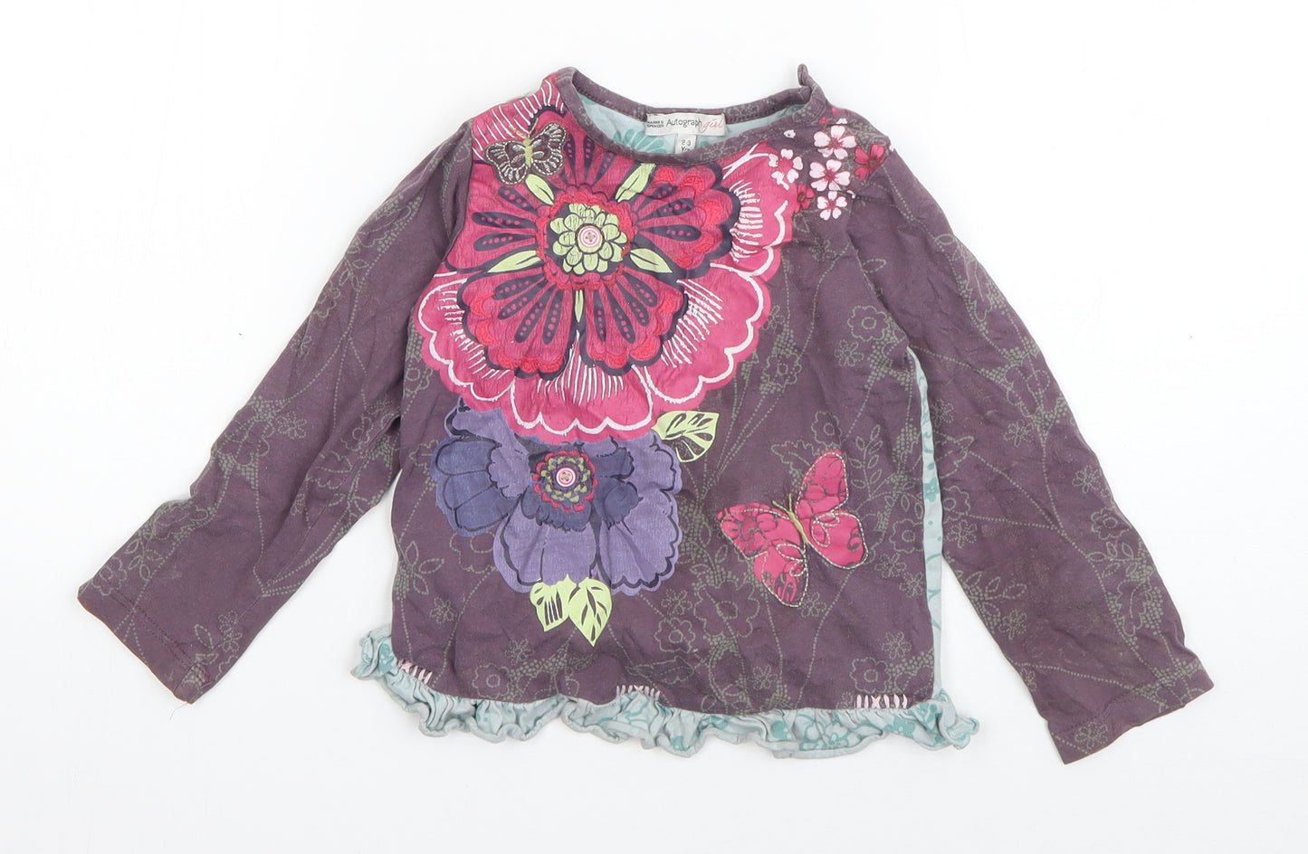 Marks and Spencer Girls Purple Floral Cotton Basic T-Shirt Size 2-3 Years Round Neck Pullover