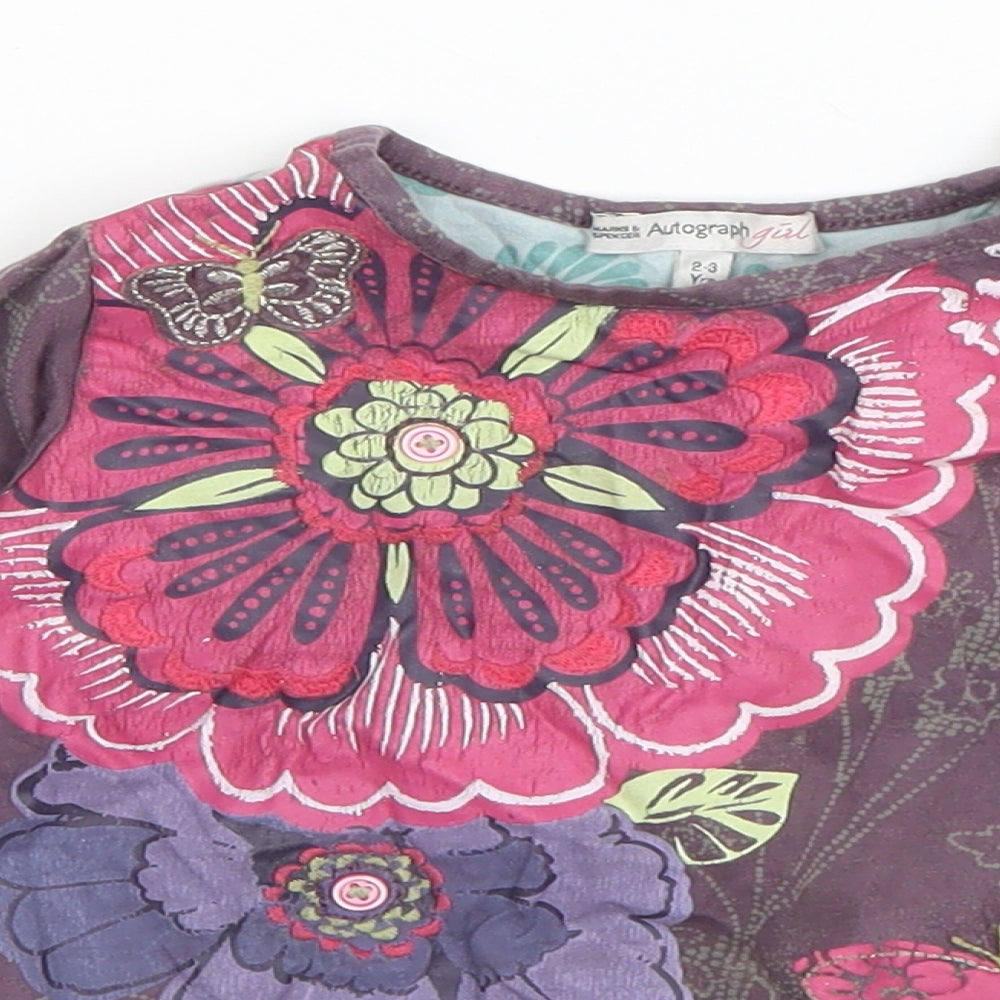 Marks and Spencer Girls Purple Floral Cotton Basic T-Shirt Size 2-3 Years Round Neck Pullover