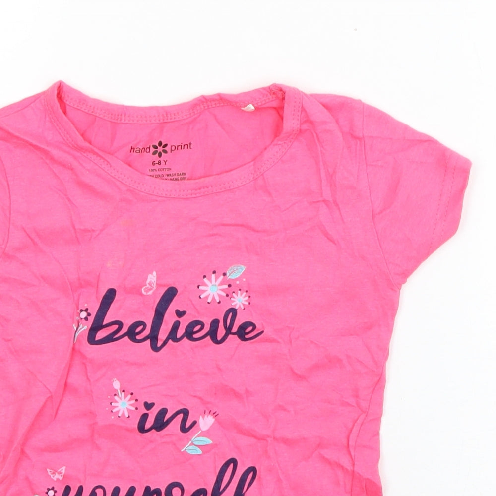 Hand Print Girls Pink  Cotton Basic T-Shirt Size 6-7 Years Round Neck Pullover - Believe in yourself