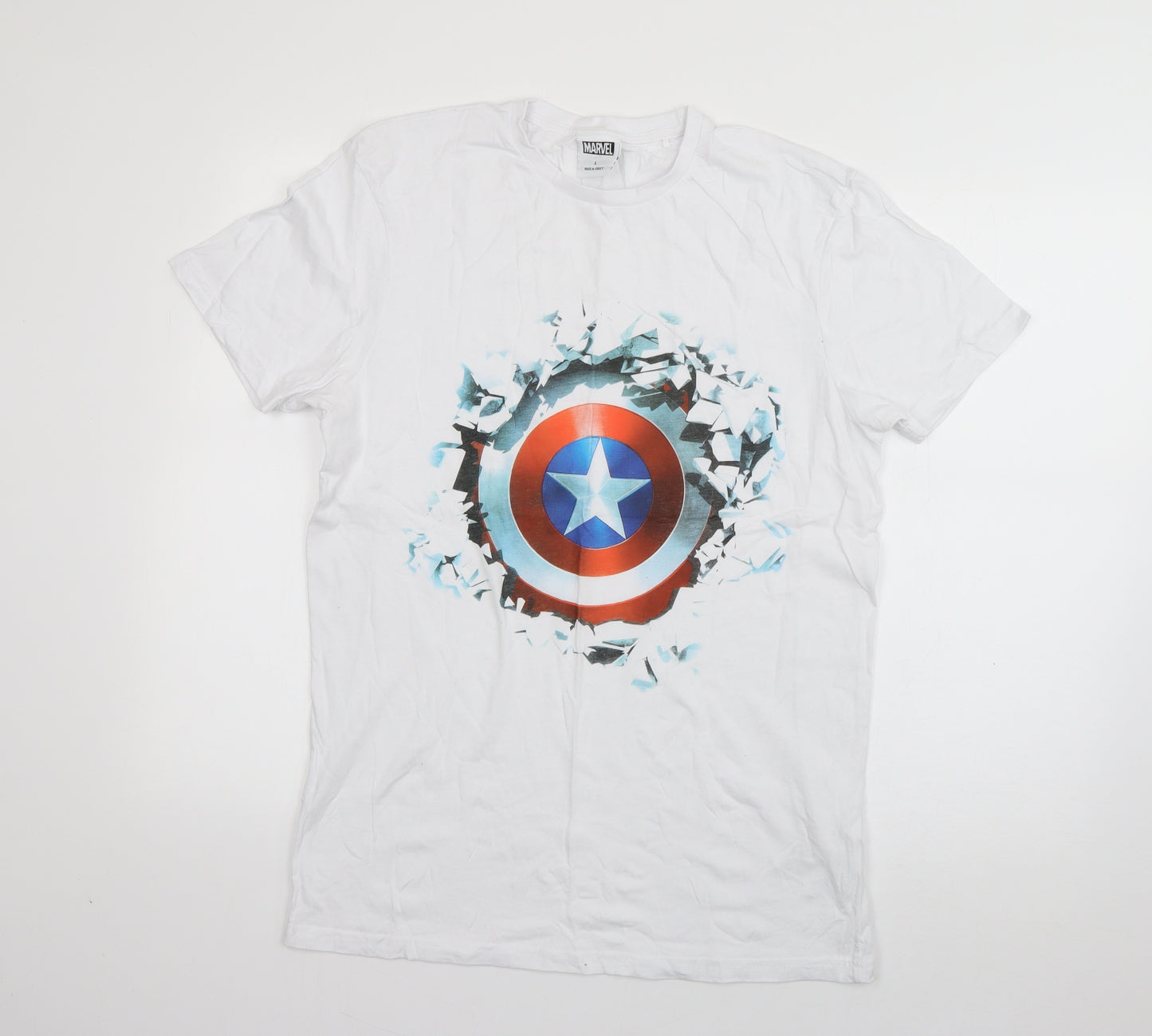 Marvel Mens White  Cotton  T-Shirt Size L Round Neck  - Captain America