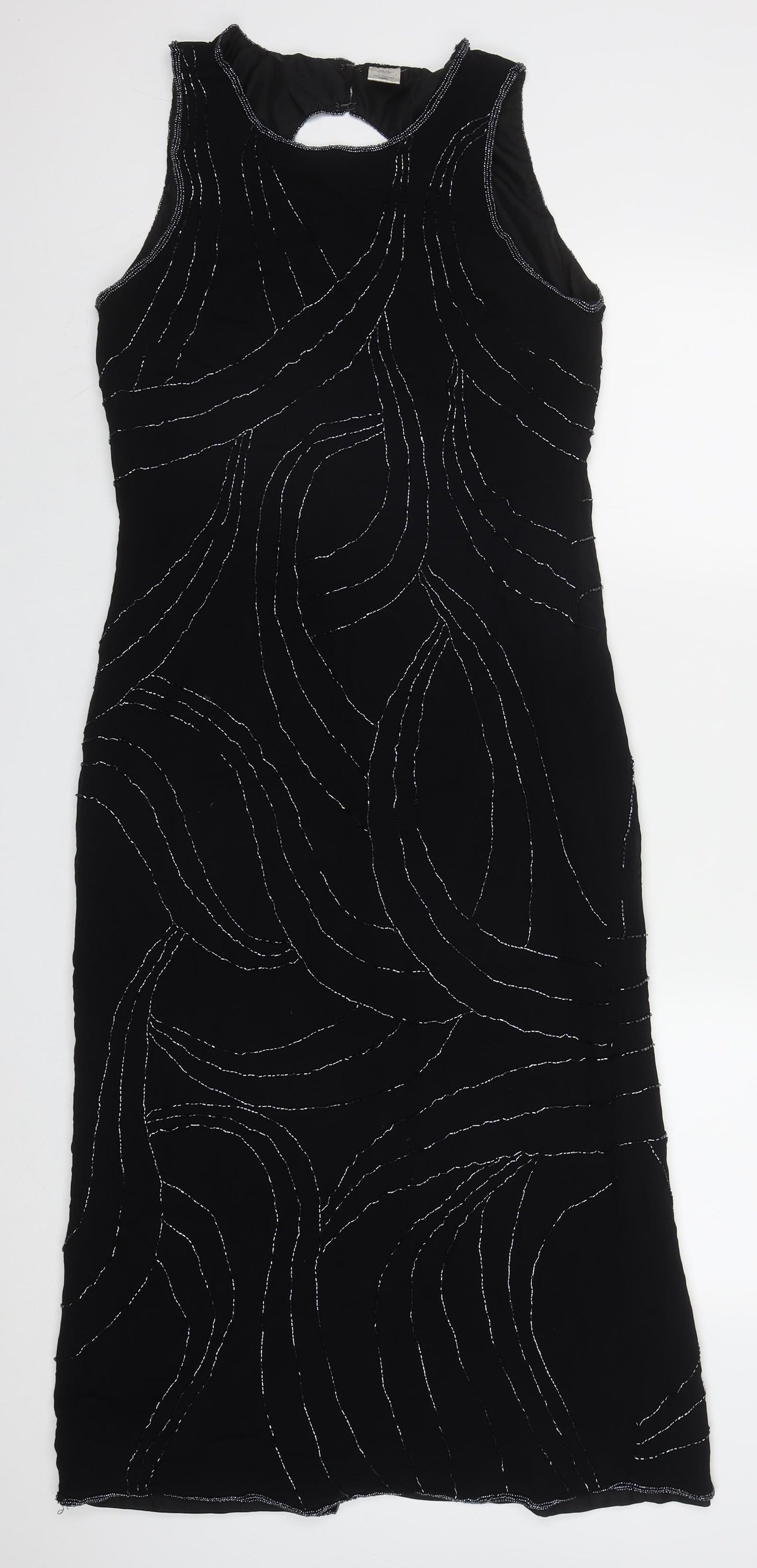 Preworn Womens Black Geometric Viscose Maxi  Size 14  Round Neck Zip