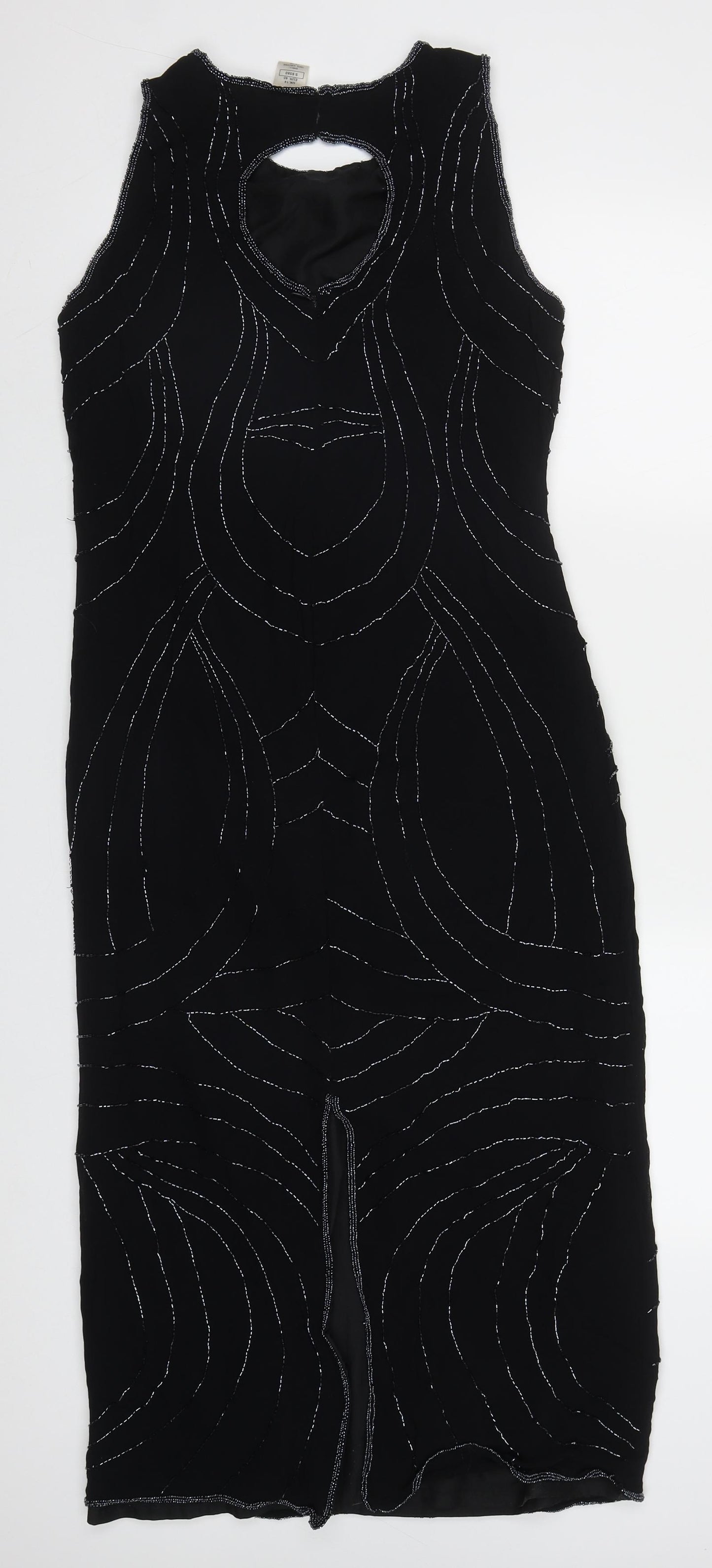 Preworn Womens Black Geometric Viscose Maxi  Size 14  Round Neck Zip