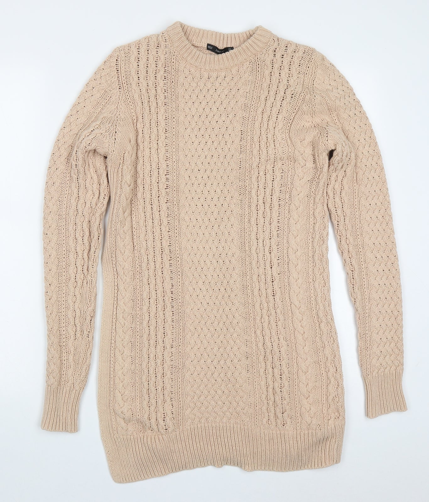 Zara Womens Beige Round Neck  Cotton Pullover Jumper Size S
