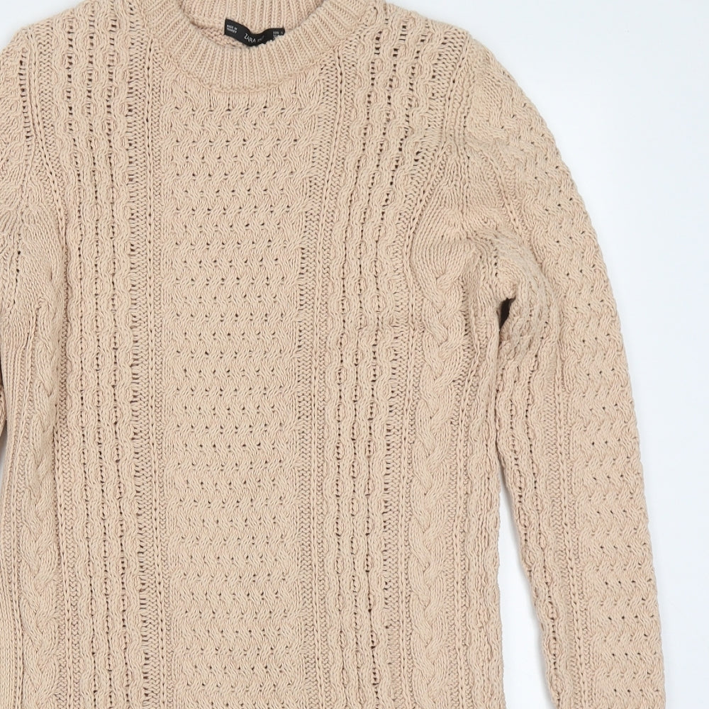 Zara Womens Beige Round Neck  Cotton Pullover Jumper Size S