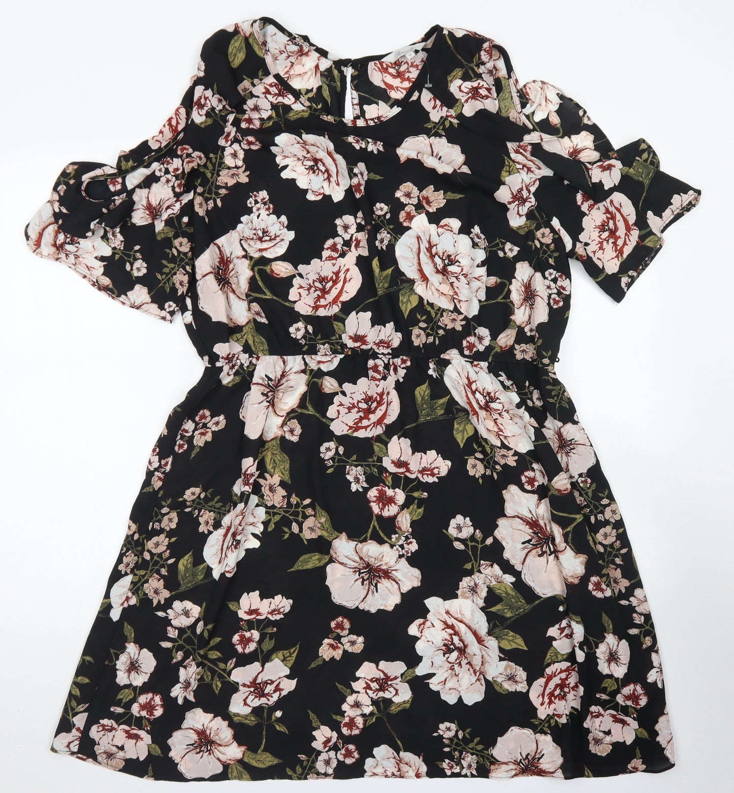 Peacocks Womens Black Floral Polyester Skater Dress  Size 18  Round Neck Button - Cold Shoulder