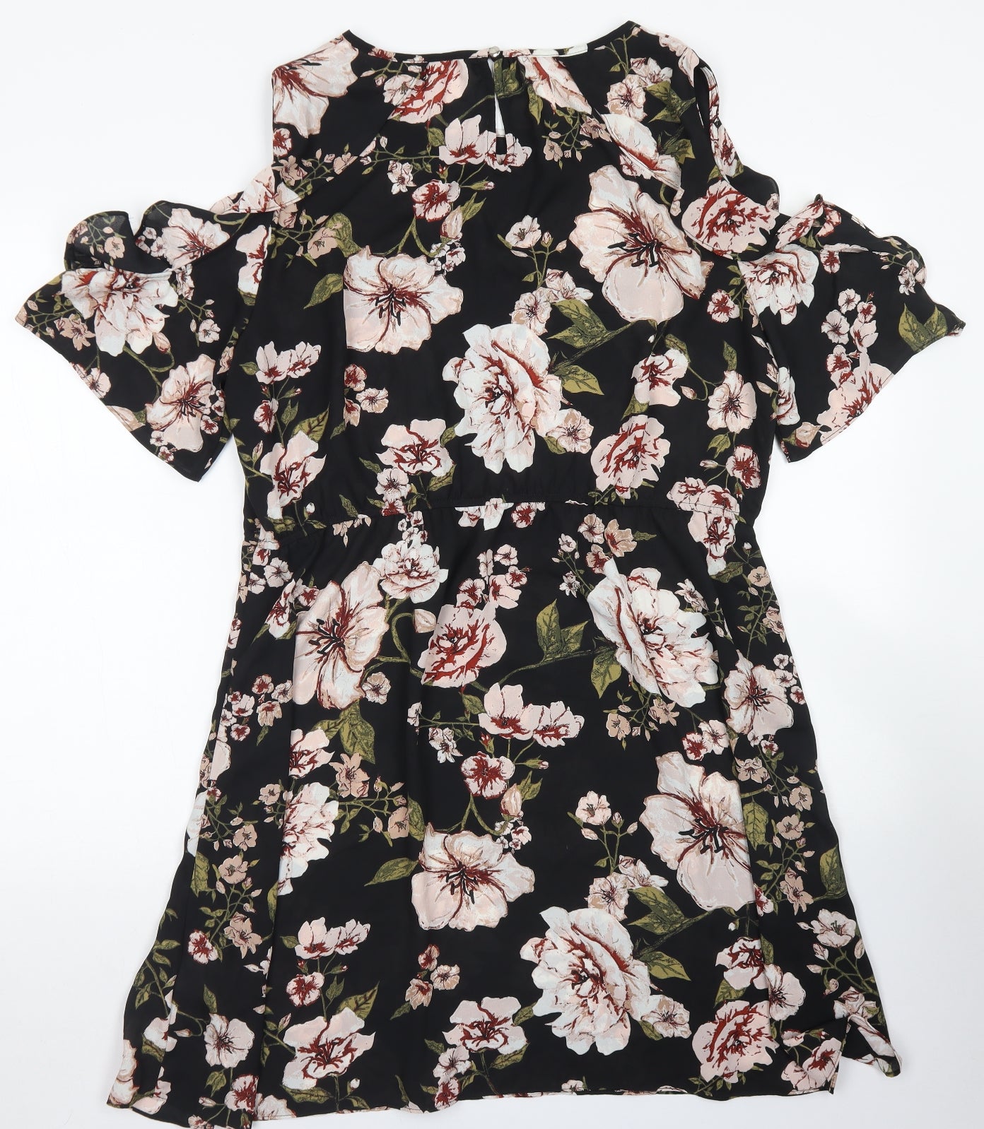 Peacocks Womens Black Floral Polyester Skater Dress  Size 18  Round Neck Button - Cold Shoulder