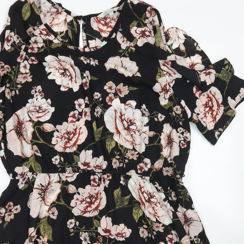 Peacocks Womens Black Floral Polyester Skater Dress  Size 18  Round Neck Button - Cold Shoulder