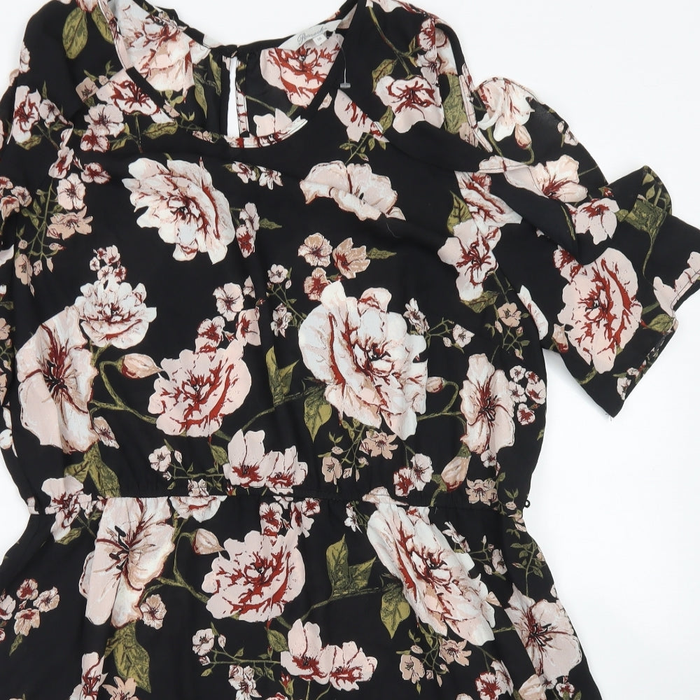 Peacocks Womens Black Floral Polyester Skater Dress  Size 18  Round Neck Button - Cold Shoulder