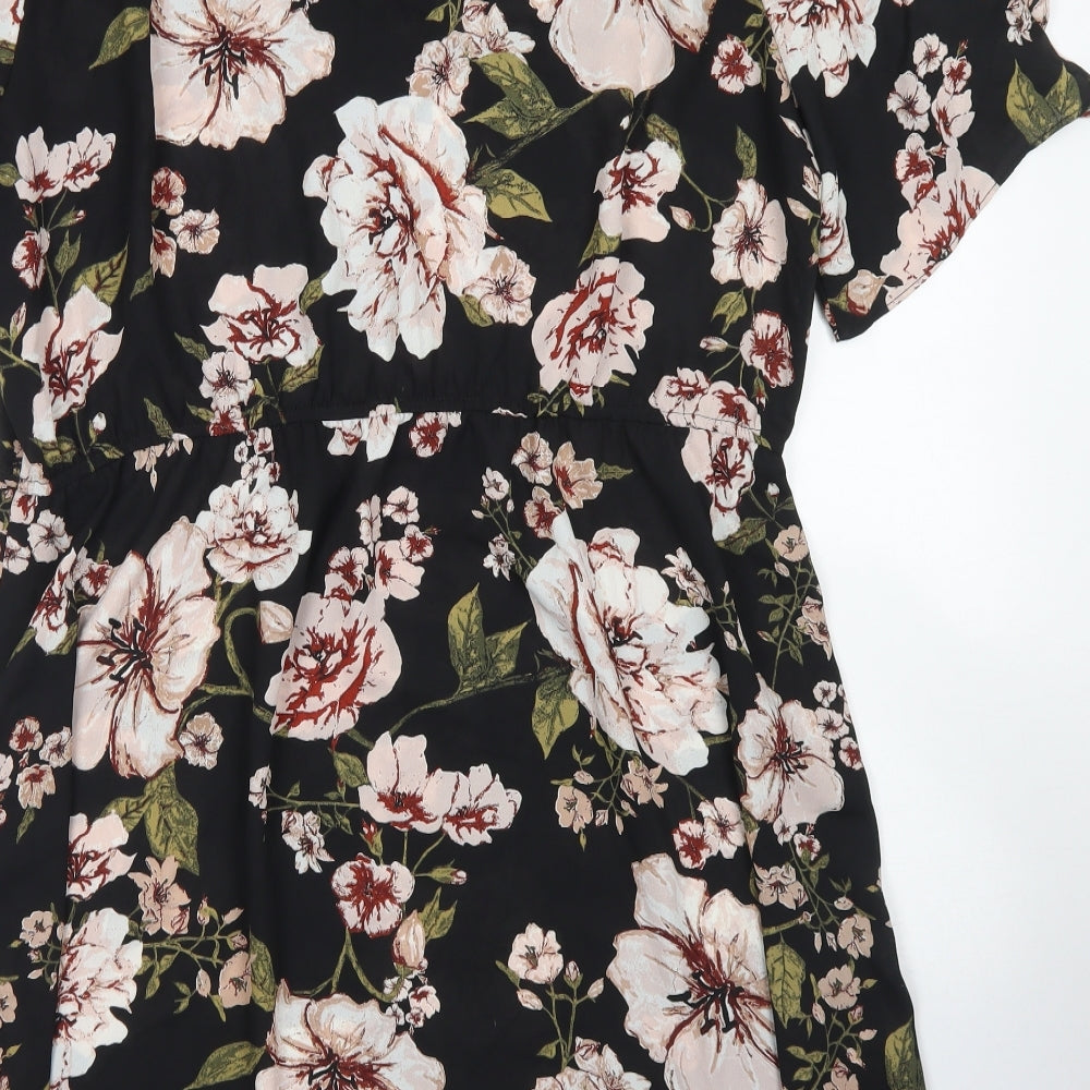 Peacocks Womens Black Floral Polyester Skater Dress  Size 18  Round Neck Button - Cold Shoulder