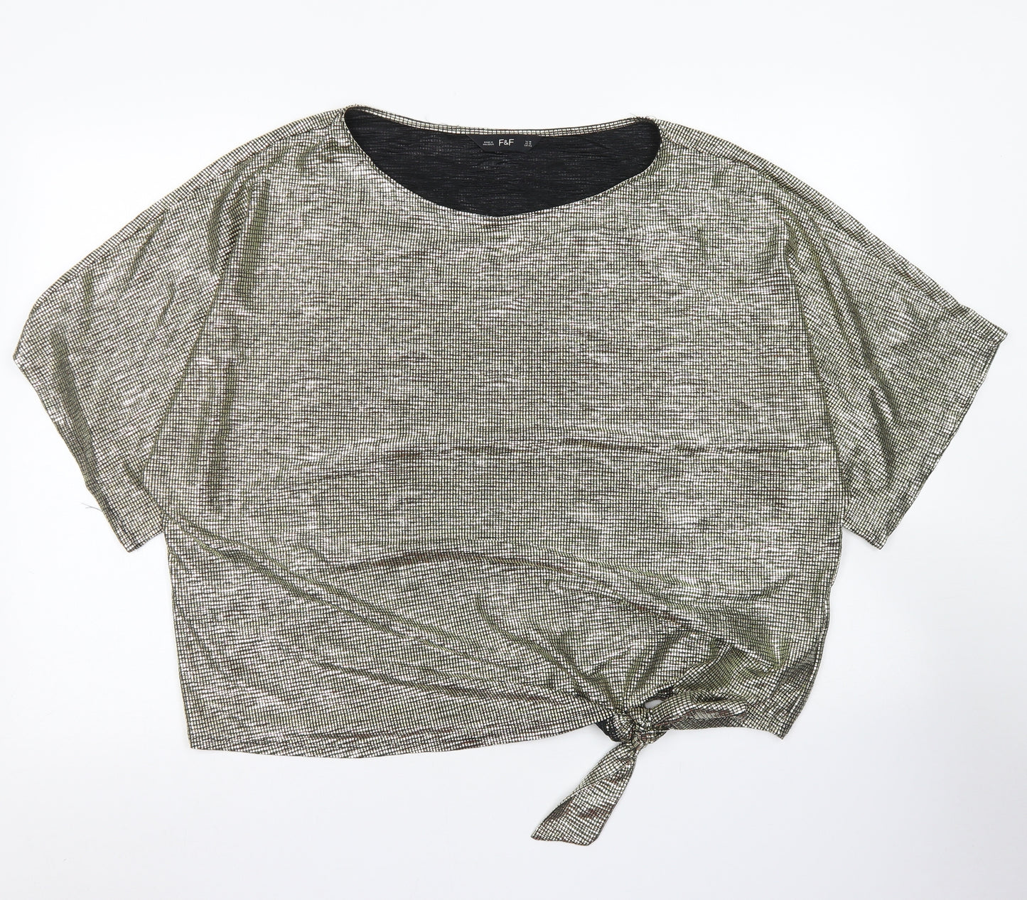 F&F Womens Gold Check Polyester Cropped T-Shirt Size 18 Round Neck - Tie Front
