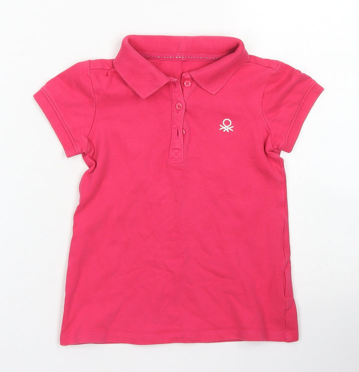 United Colors of Benetton Girls Pink Cotton Basic Polo Size 4-5 Years Collared Button