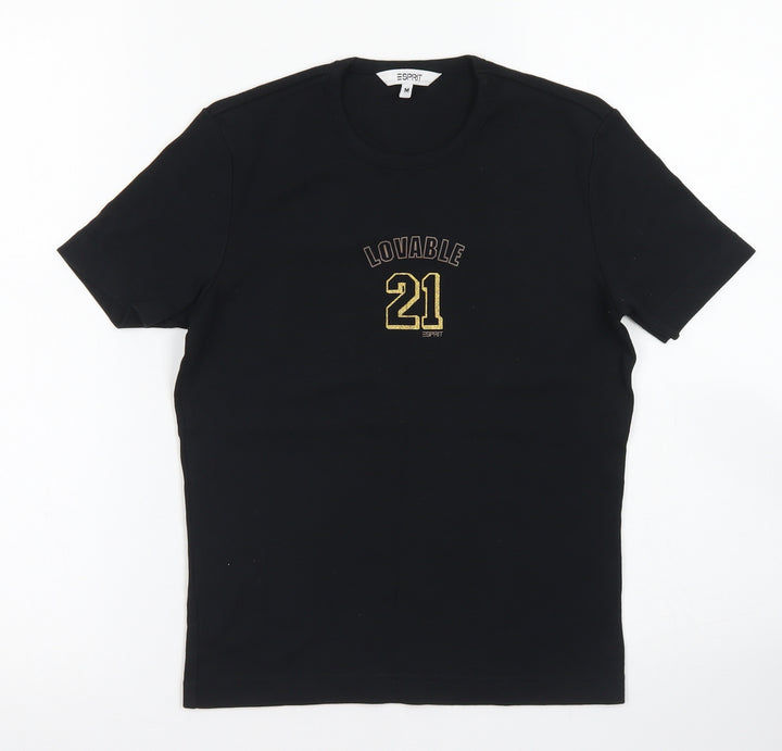 Esprit Womens Black Cotton Basic T-Shirt Size M Crew Neck