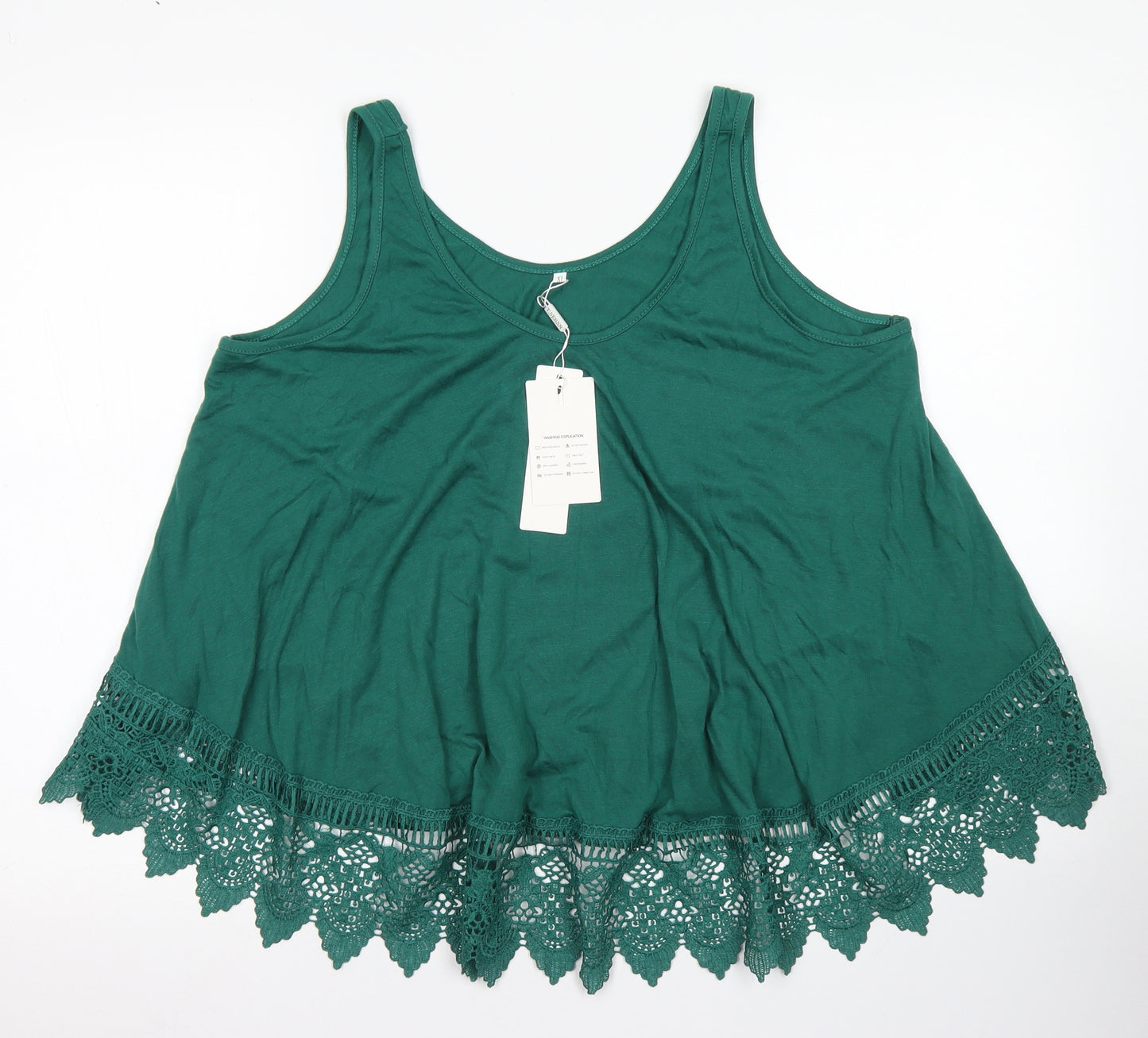 T. Seban Womens Green  Cotton Basic Tank Size XL Round Neck - lace hem