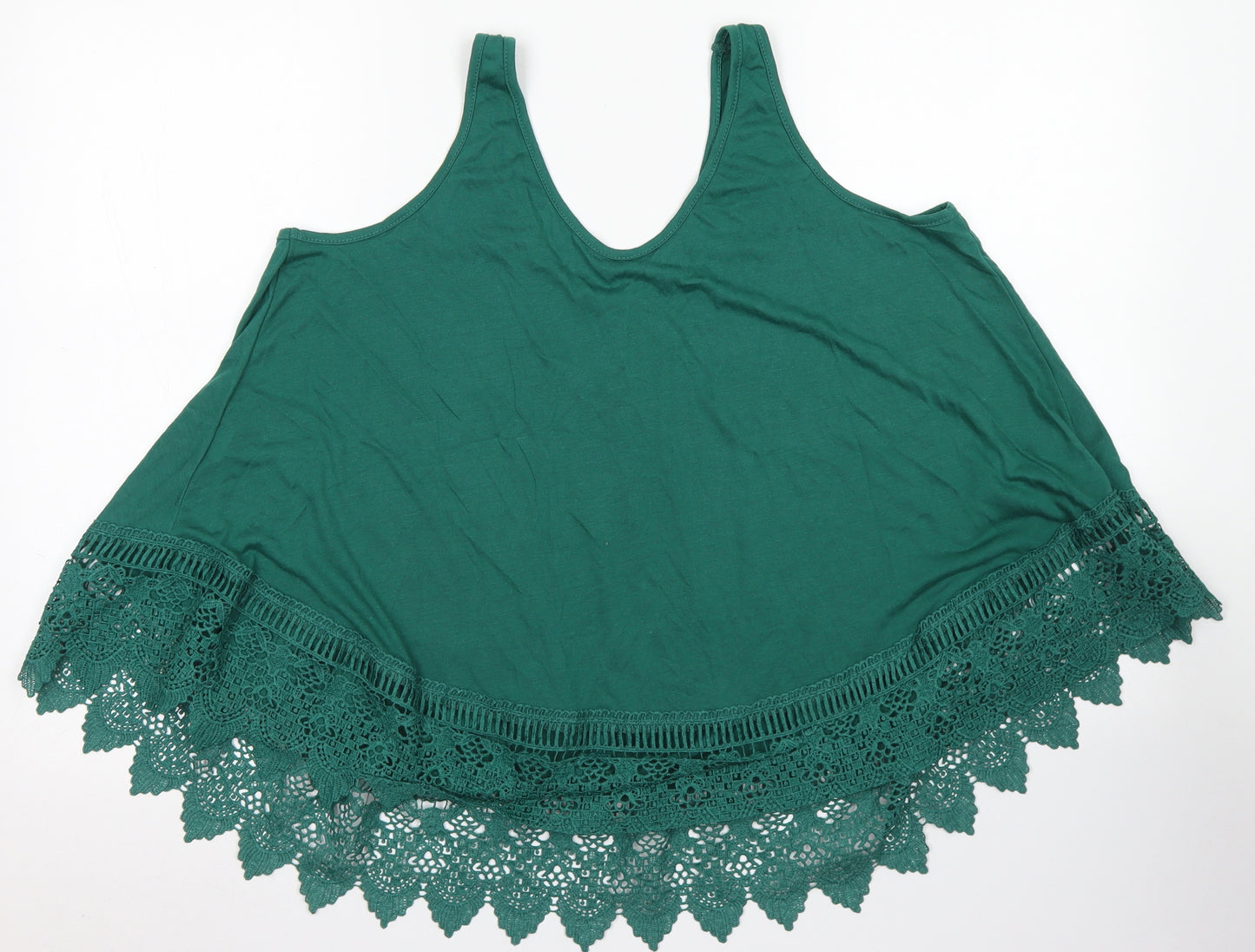 T. Seban Womens Green  Cotton Basic Tank Size XL Round Neck - lace hem