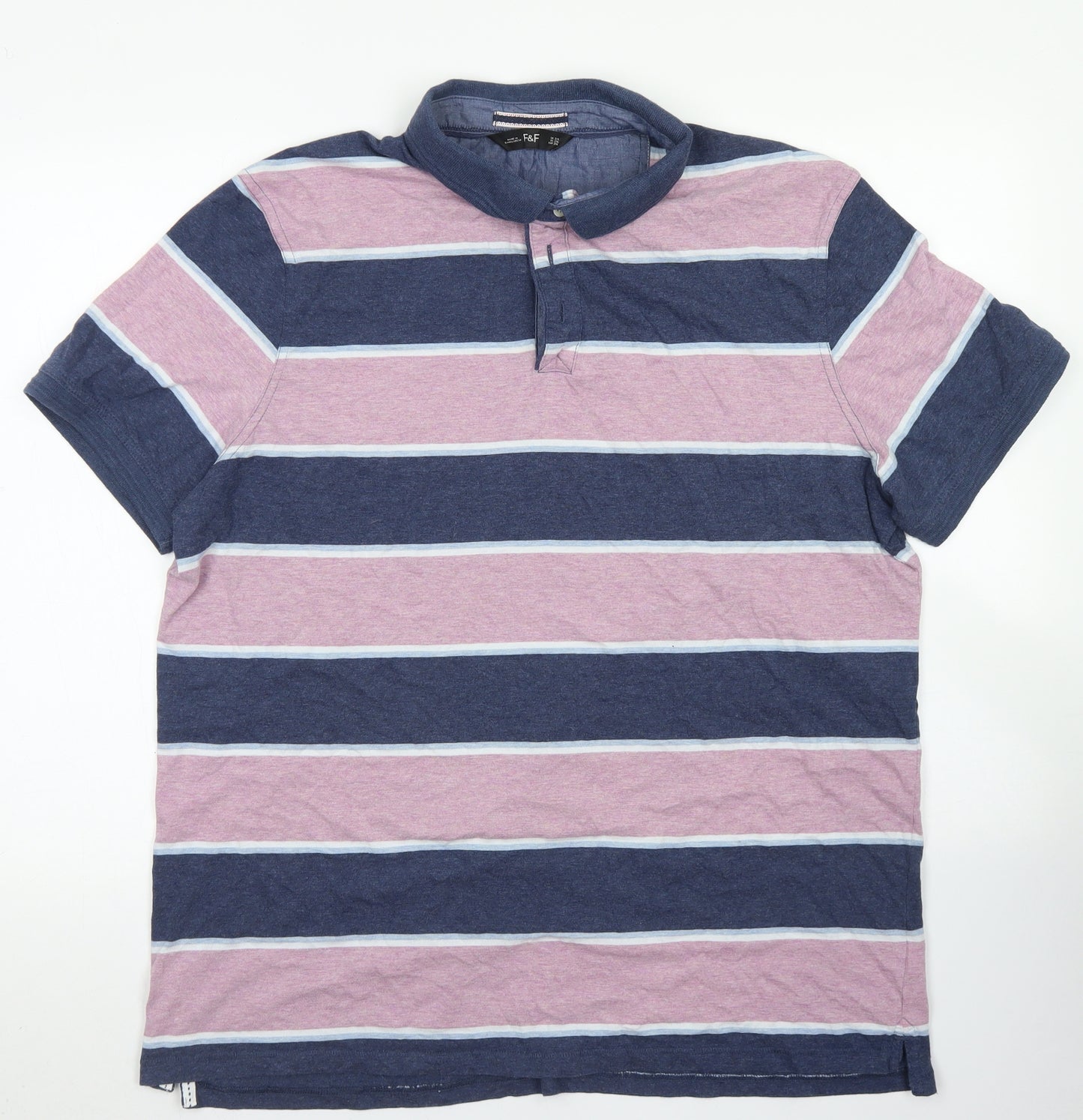 F&F Mens Blue Striped Cotton  Polo Size 2XL Collared Button
