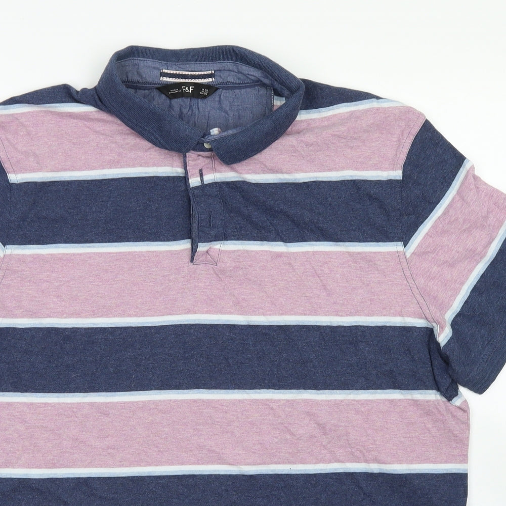F&F Mens Blue Striped Cotton  Polo Size 2XL Collared Button