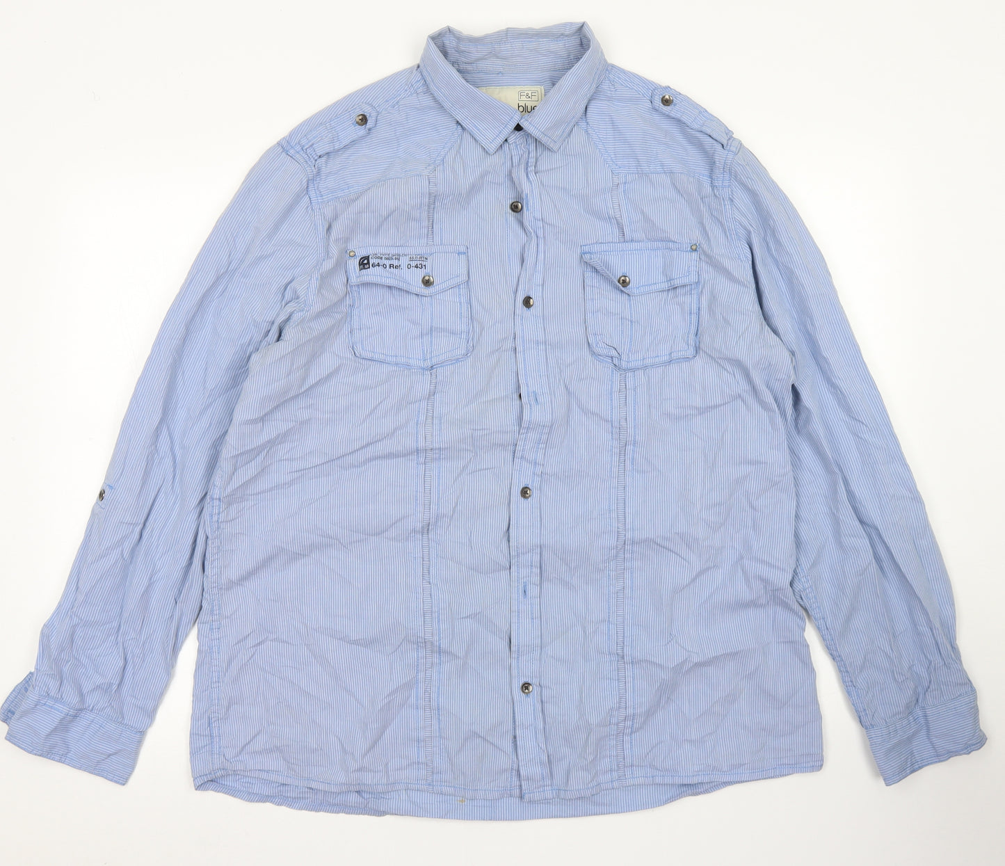 F&F Mens Blue Striped Cotton  Button-Up Size XL Collared Button
