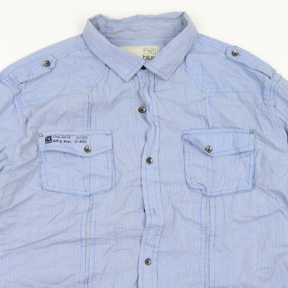 F&F Mens Blue Striped Cotton  Button-Up Size XL Collared Button
