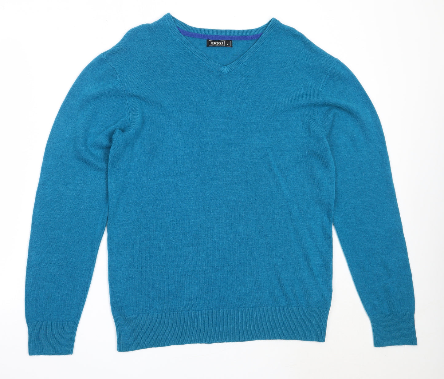 Peacocks Mens Blue V-Neck  Acrylic Pullover Jumper Size L