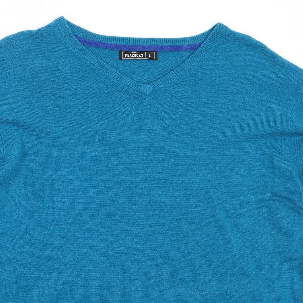 Peacocks Mens Blue V-Neck  Acrylic Pullover Jumper Size L