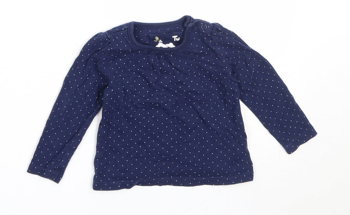 TU Girls Blue Spotted Cotton Basic T-Shirt Size 3-6 Months Round Neck