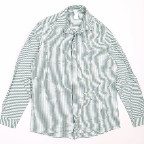 Dimensions Mens Green Striped Cotton  Button-Up Size 16 Collared