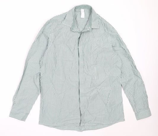 Front view of Dimensions men’s green striped cotton button-up, size 16, collared