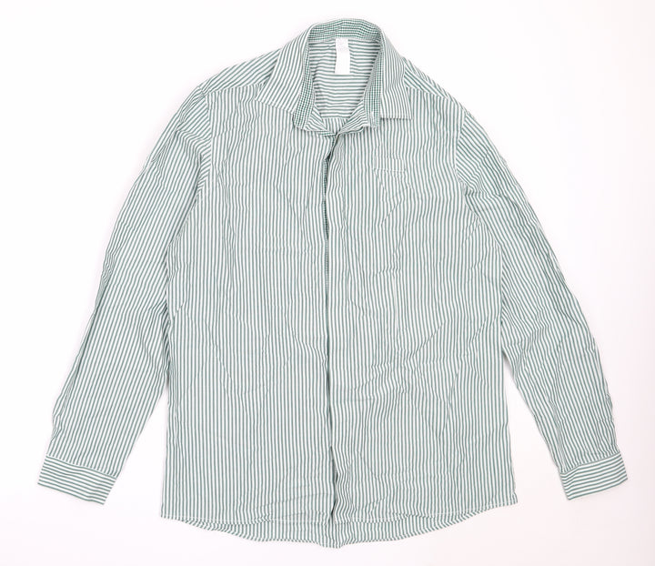 Dimensions Mens Green Striped Cotton  Button-Up Size 16 Collared