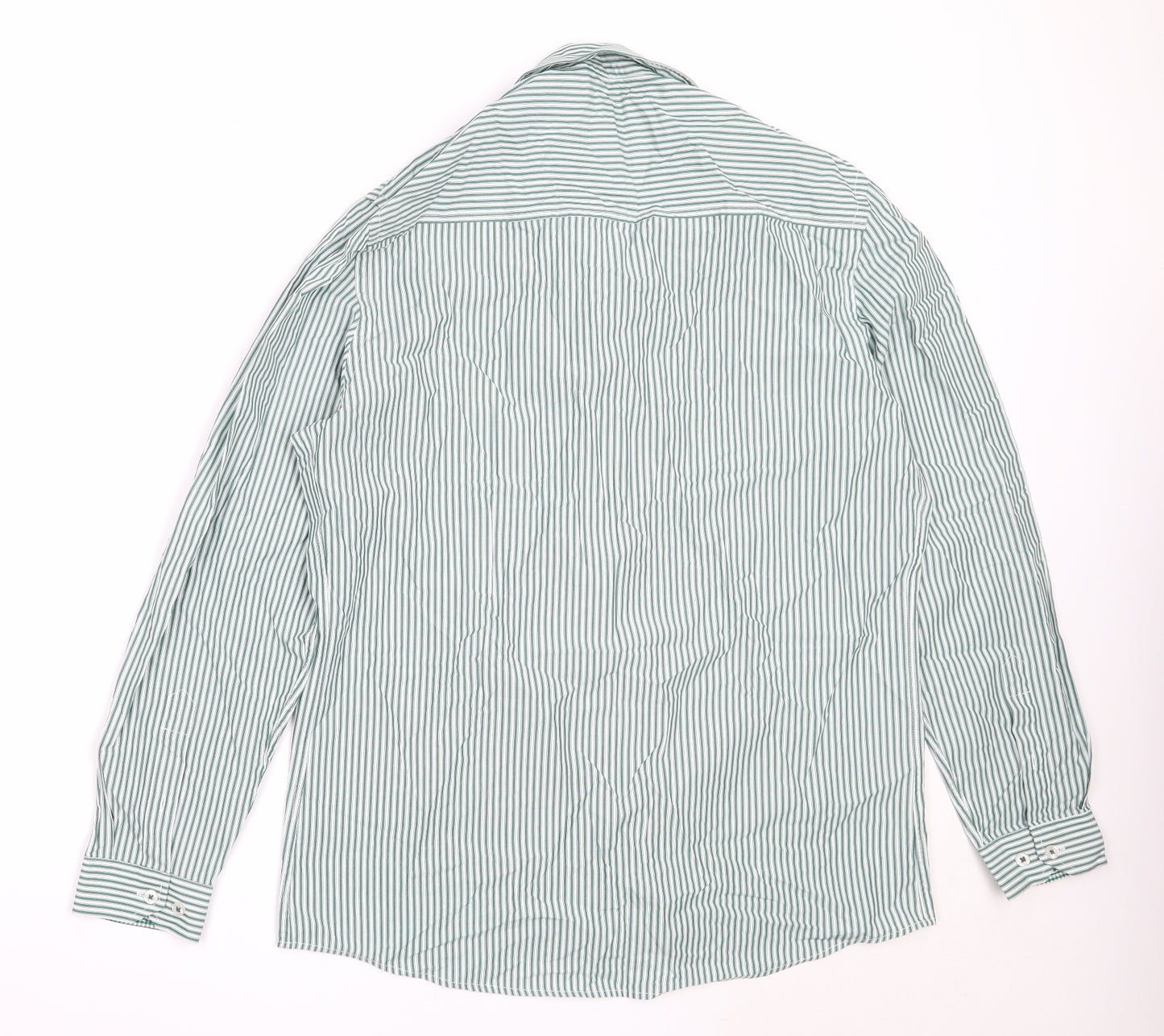Dimensions Mens Green Striped Cotton  Button-Up Size 16 Collared