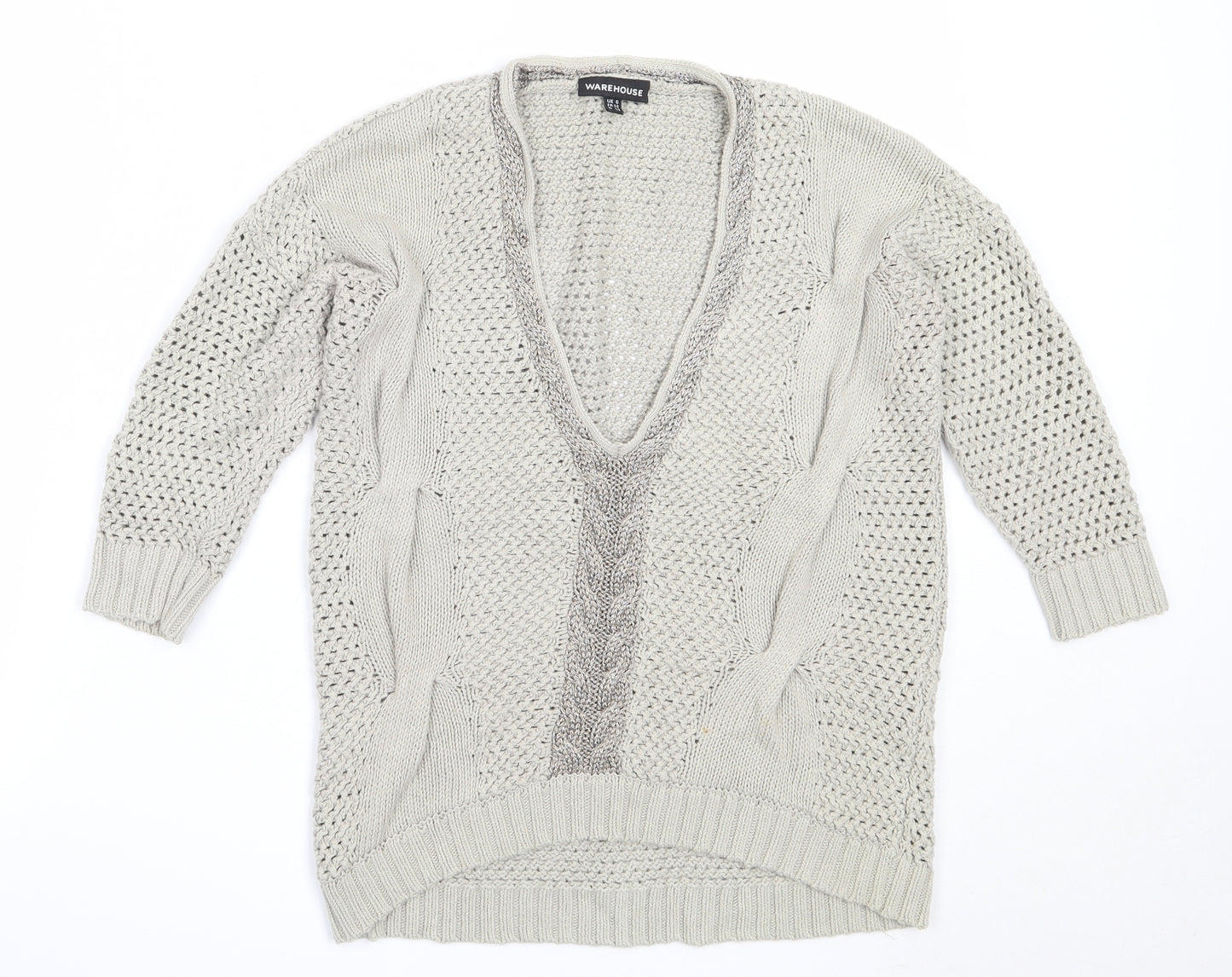 Warehouse Womens Beige V-Neck  Cotton Pullover Jumper Size 6