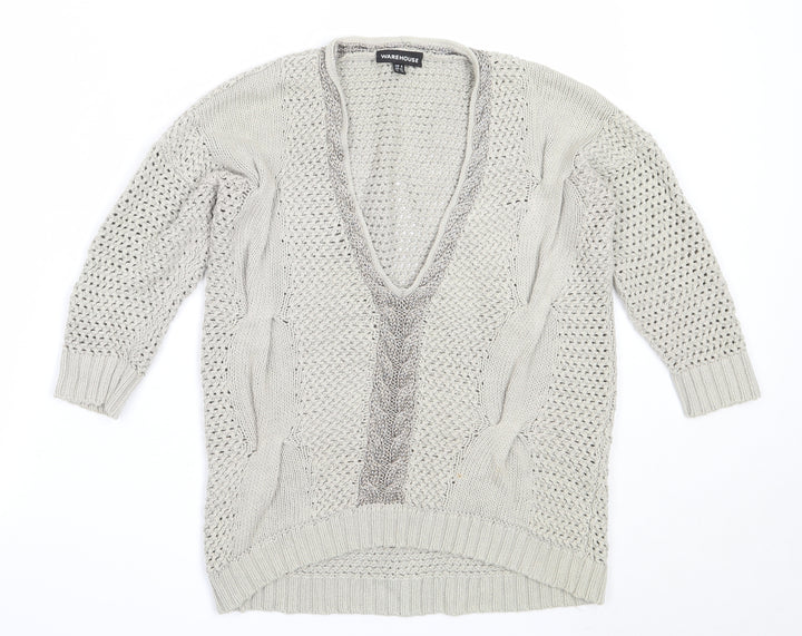 Warehouse Womens Beige V-Neck  Cotton Pullover Jumper Size 6