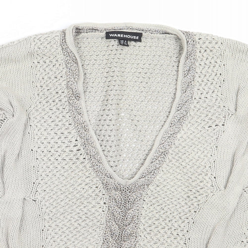 Warehouse Womens Beige V-Neck  Cotton Pullover Jumper Size 6