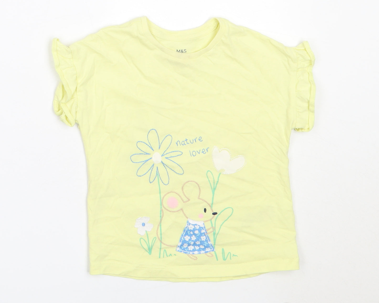 Marks and Spencer Girls Yellow  Cotton Basic T-Shirt Size 2-3 Years Round Neck