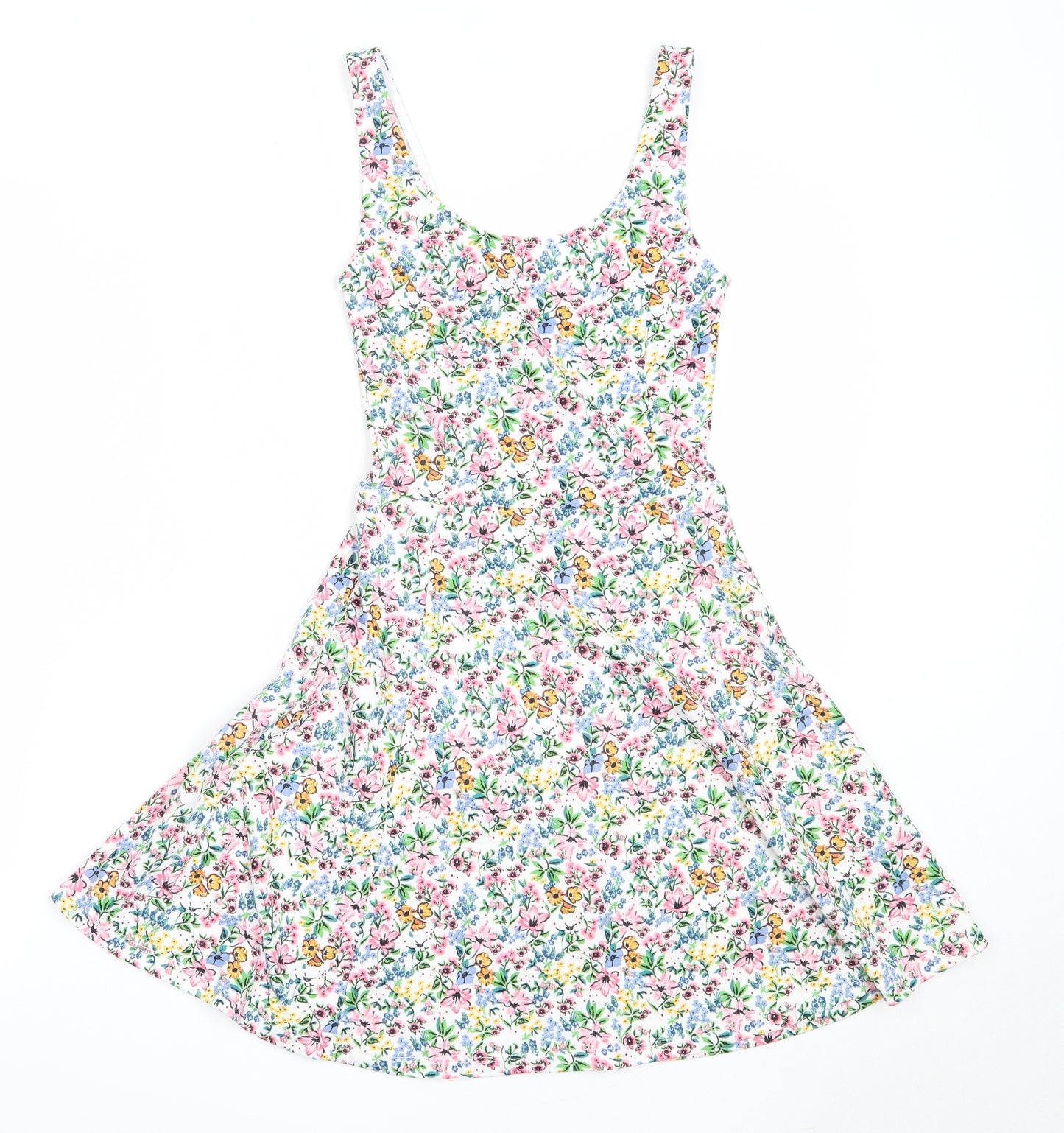 H&M Womens White Floral Polyester Fit & Flare  Size 6  Round Neck