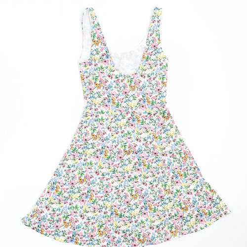 H&M Womens White Floral Polyester Fit & Flare  Size 6  Round Neck