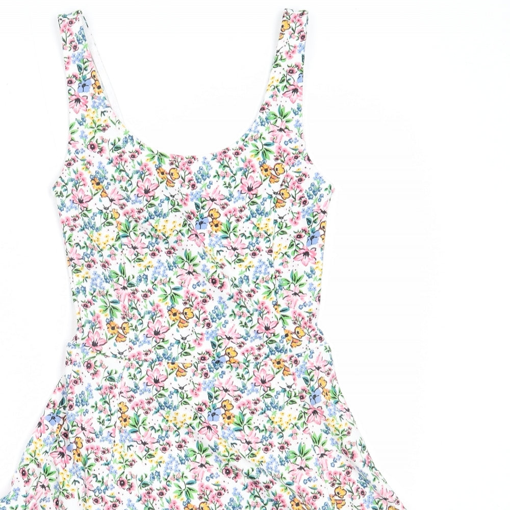 H&M Womens White Floral Polyester Fit & Flare  Size 6  Round Neck
